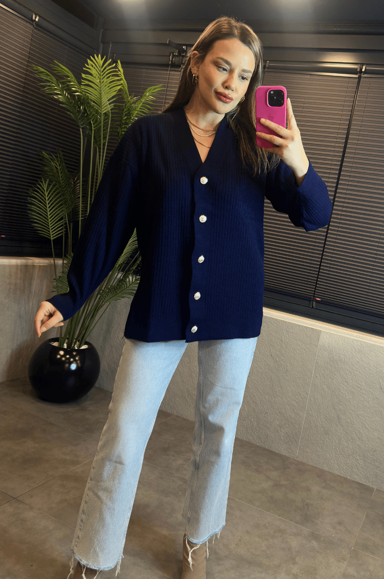 Lacivert Fitilli Oversize Basic Örme Hırka