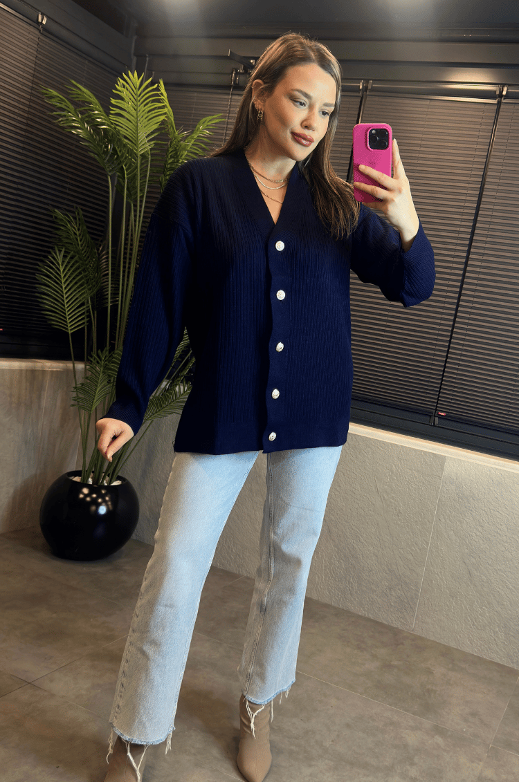 Lacivert Fitilli Oversize Basic Örme Hırka