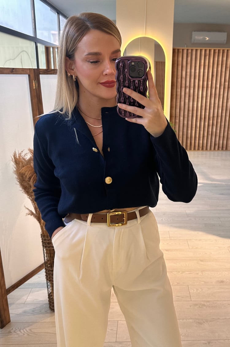 Lacivert Gold Düğmeli Hırka
