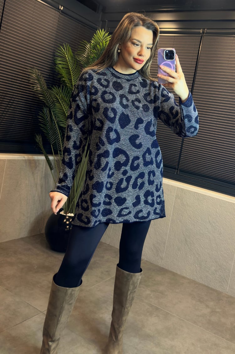Lacivert Leopar Desenli Simli Kazak