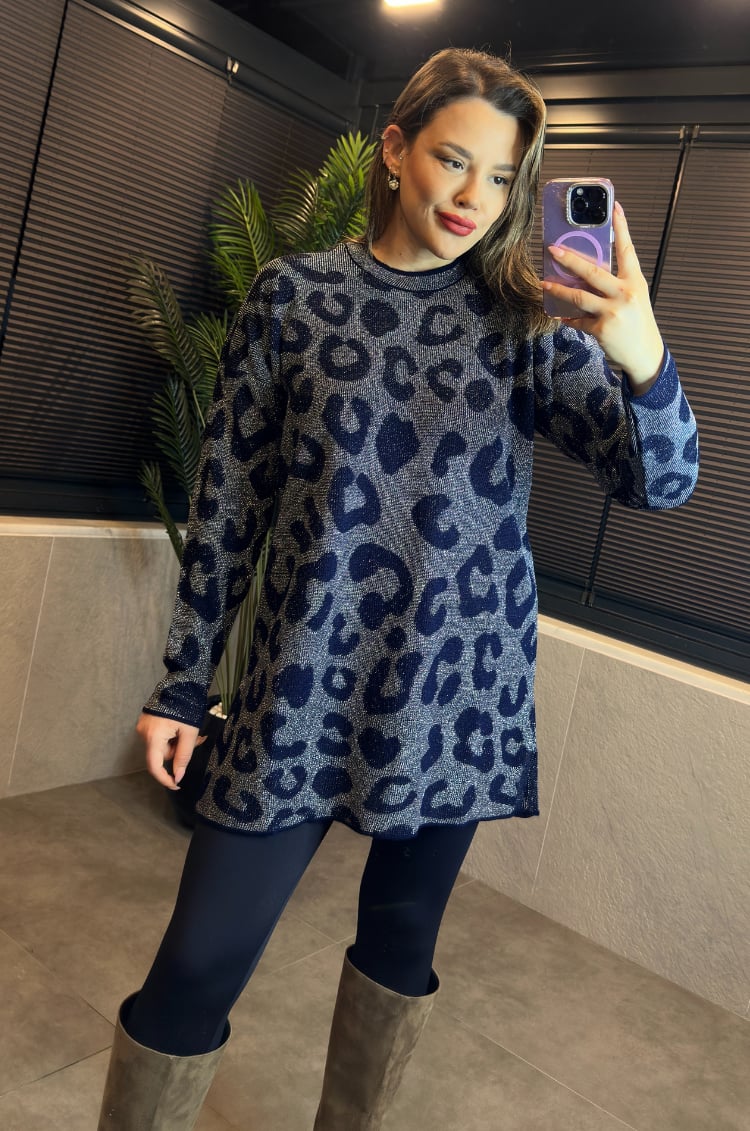 Lacivert Leopar Desenli Simli Kazak