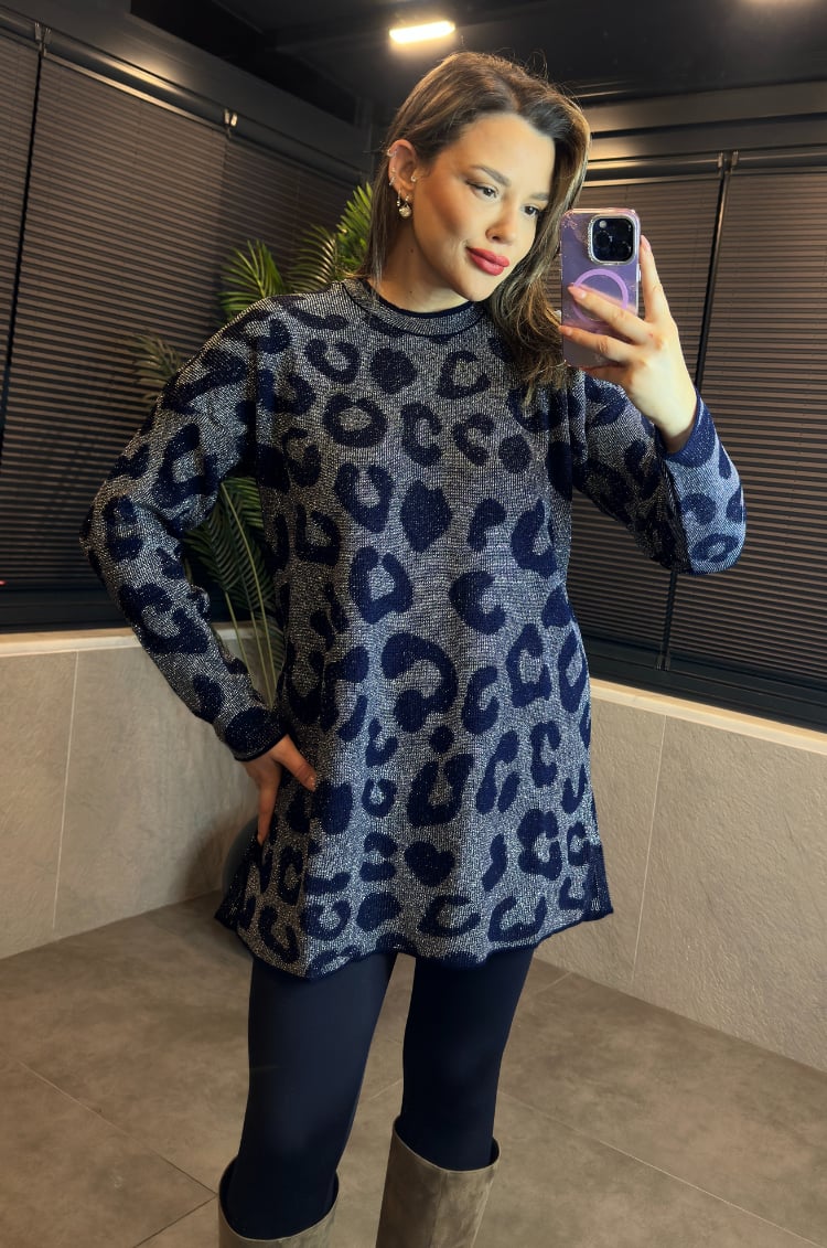Lacivert Leopar Desenli Simli Kazak