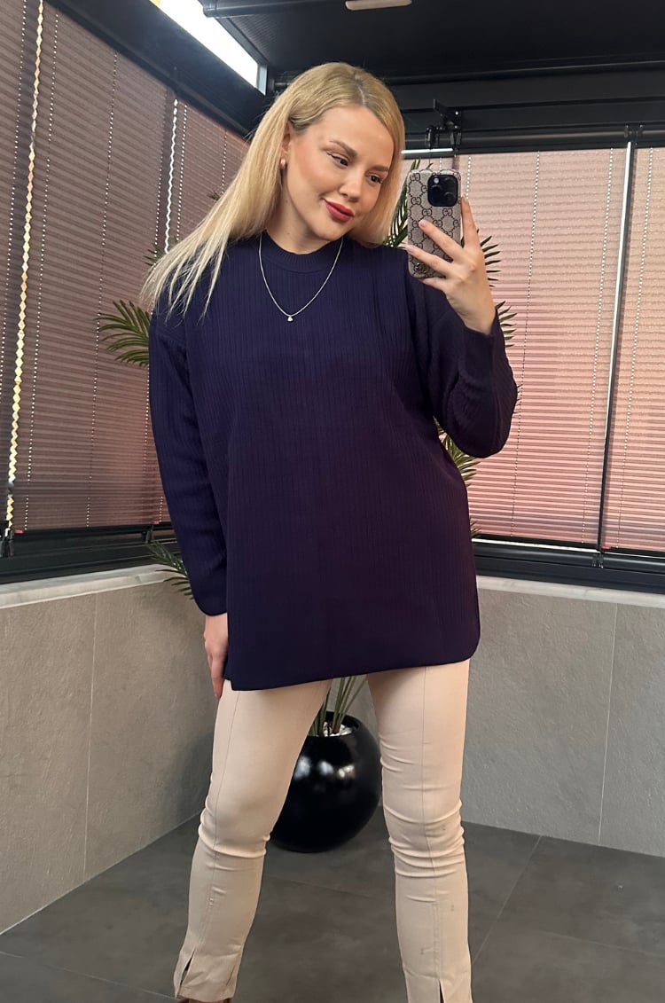 Lacivert Yarı Boğazlı Fitilli Oversize Kazak