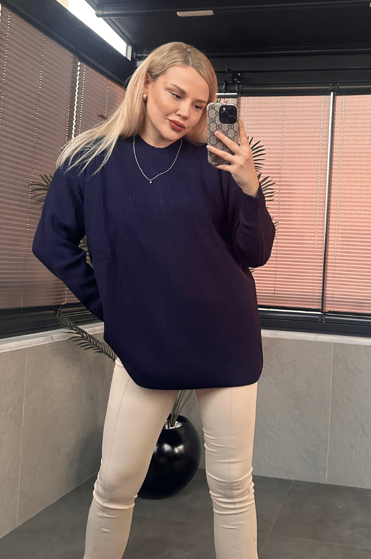 Lacivert Yarı Boğazlı Fitilli Oversize Kazak
