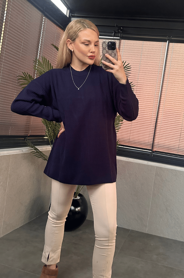Lacivert Yarı Boğazlı Fitilli Oversize Kazak