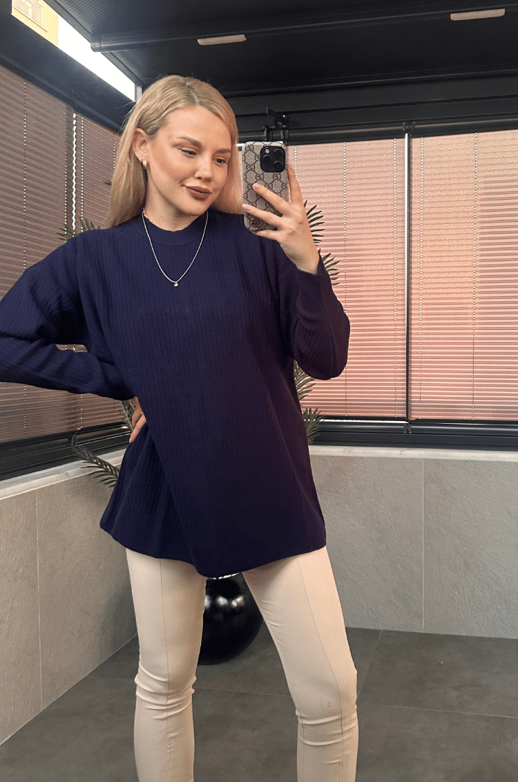 Lacivert Yarı Boğazlı Fitilli Oversize Kazak