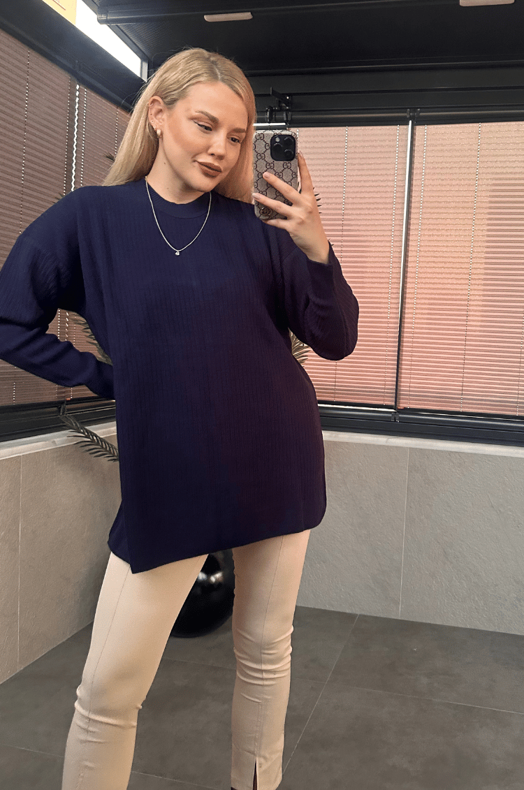Lacivert Yarı Boğazlı Fitilli Oversize Kazak