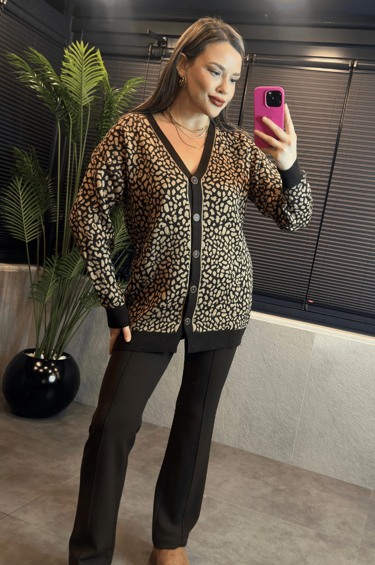 Leopar Desenli Kahverengi Hırka