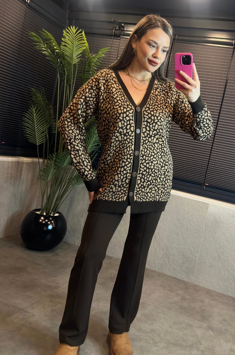 Leopar Desenli Kahverengi Hırka