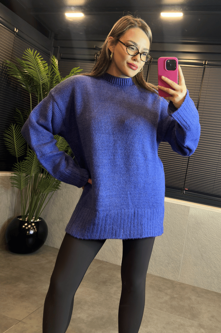 Mavi Oversize Bisiklet Yaka Yumoş Uzun Kazak