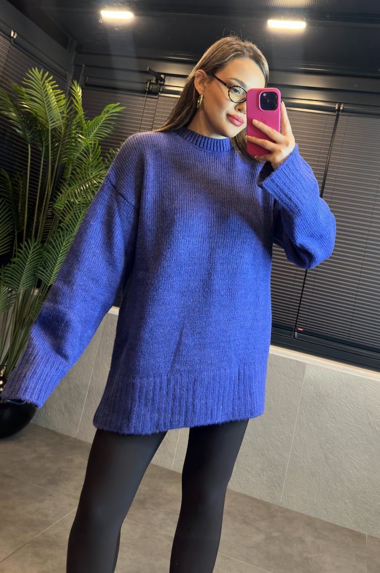 Mavi Oversize Bisiklet Yaka Yumoş Uzun Kazak