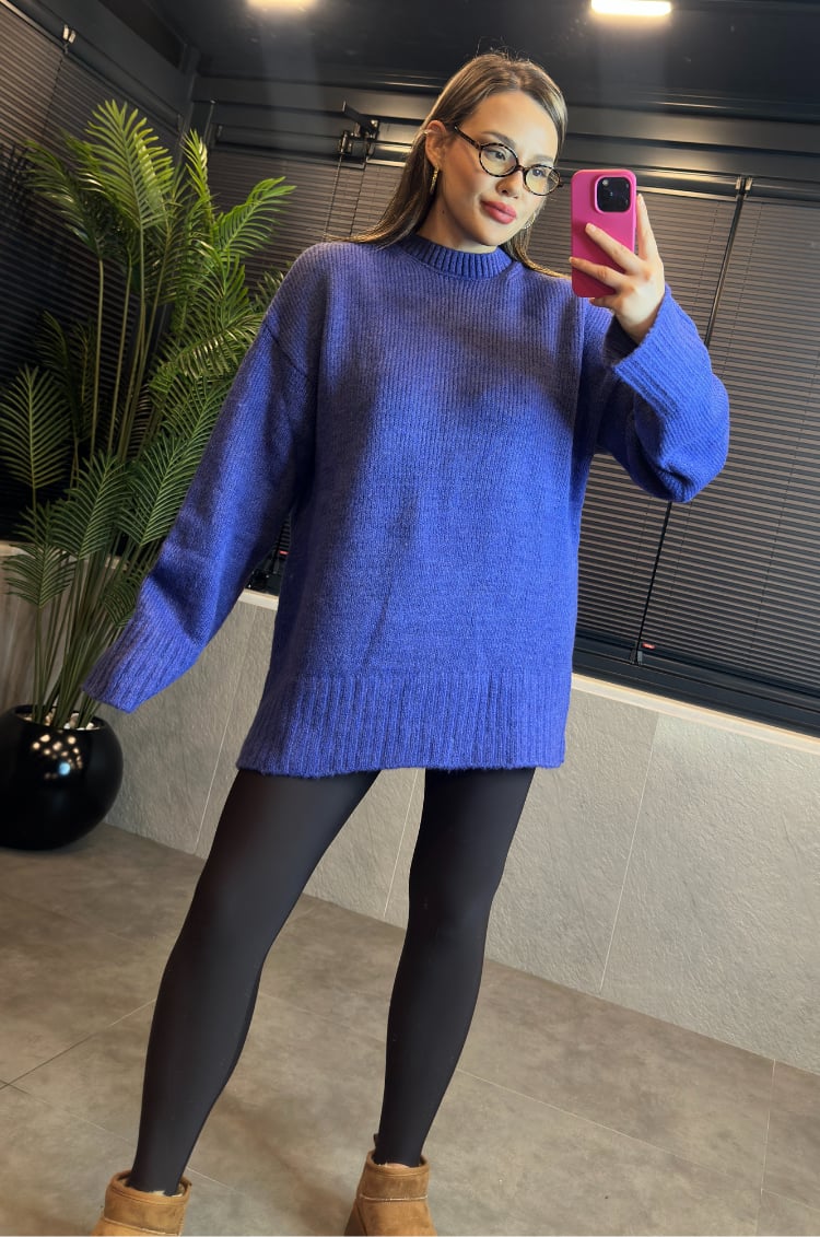 Mavi Oversize Bisiklet Yaka Yumoş Uzun Kazak