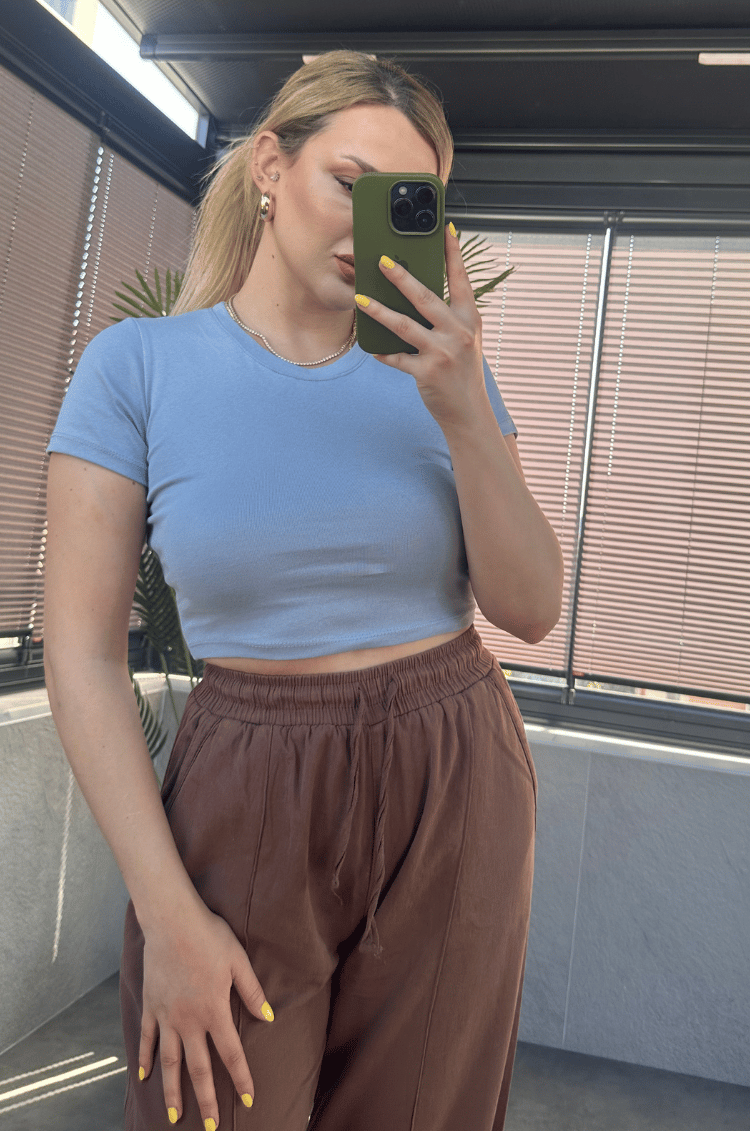 Mavi Yarım Kollu Slim Basic Crop 