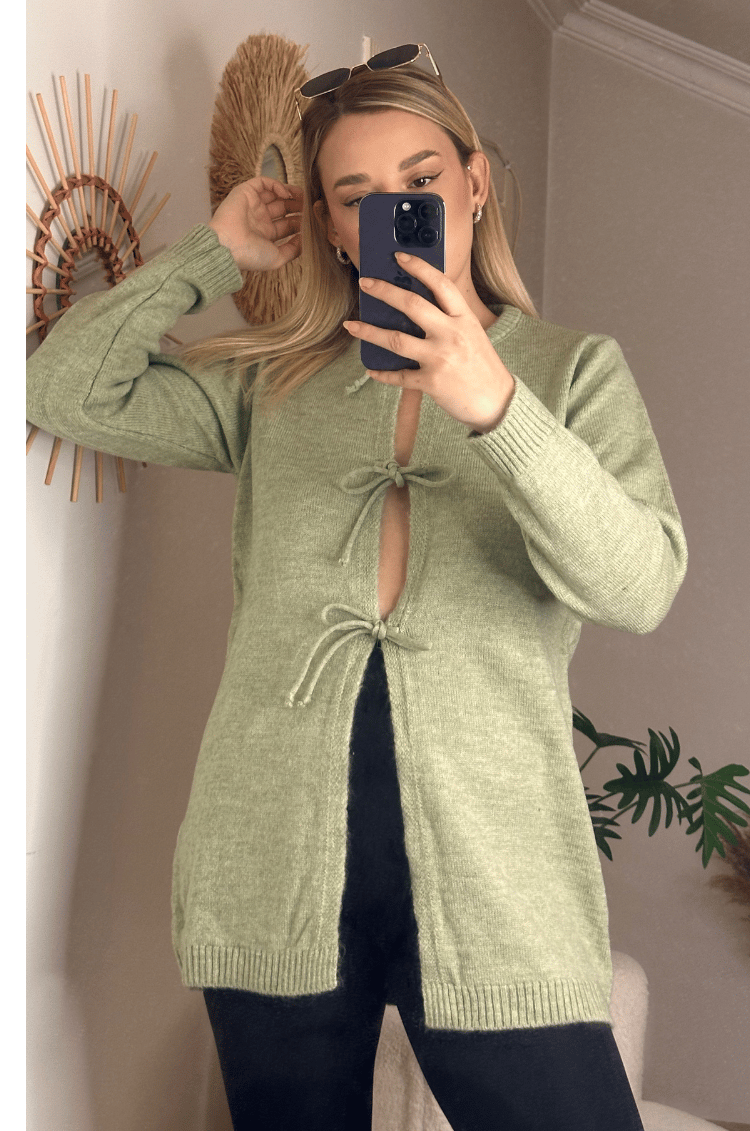 Mint Yeşili Bağcık Detaylı Hırka