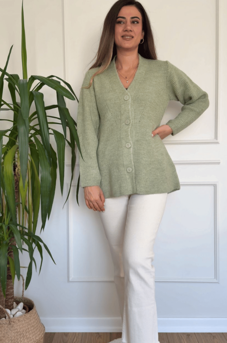 Mint Yeşili Belden Oturmalı Düğmeli Yumoş Hırka