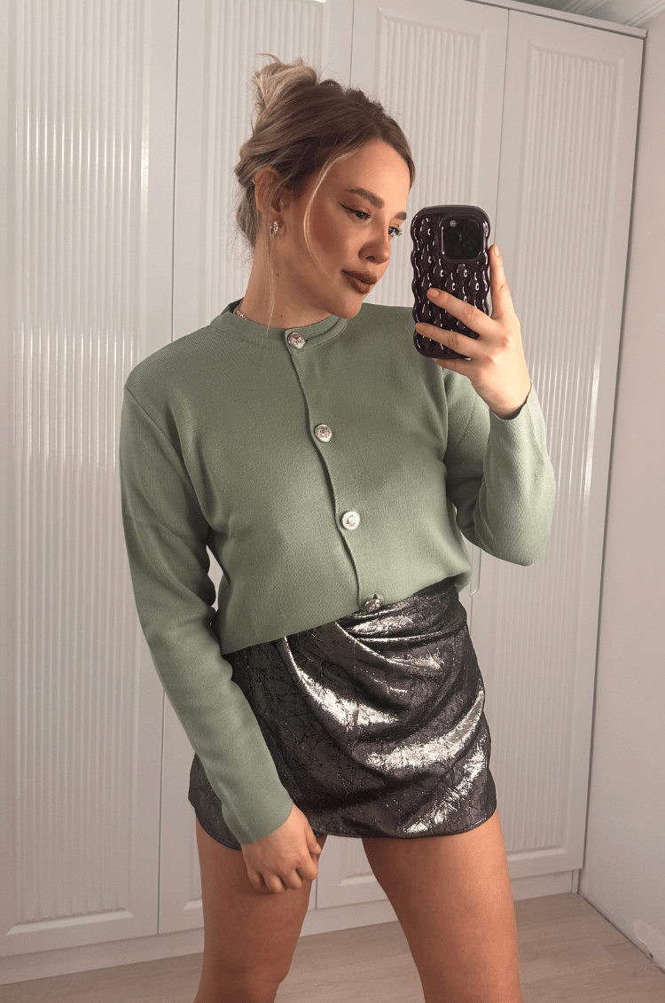 Mint Yeşili Gümüş Düğmeli Hırka