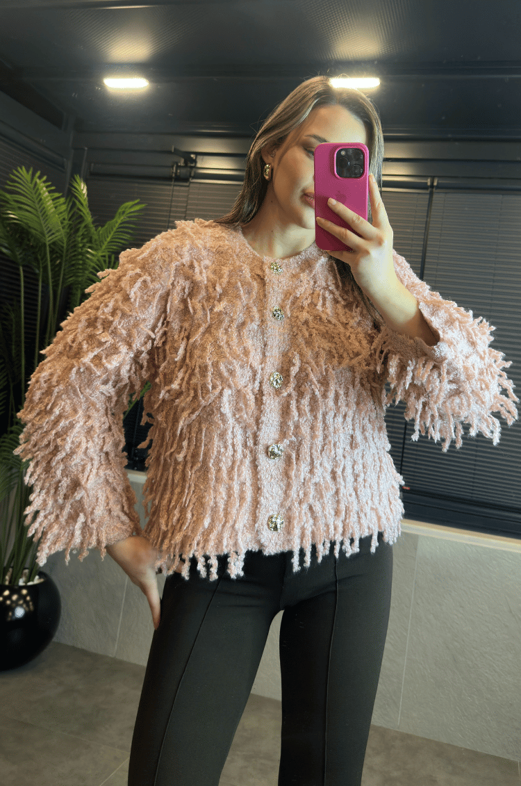 Pembe Bisiklet Yaka Saçaklı Hırka