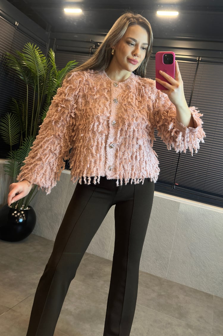 Pembe Bisiklet Yaka Saçaklı Hırka