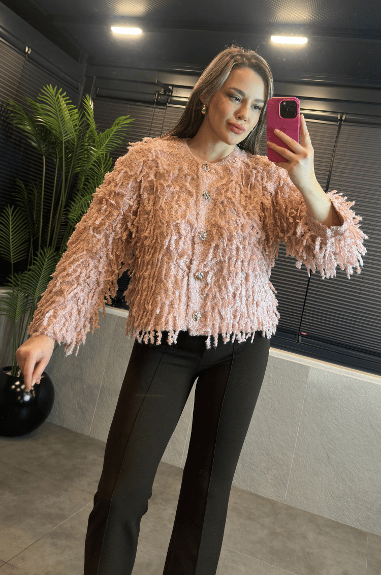 Pembe Bisiklet Yaka Saçaklı Hırka