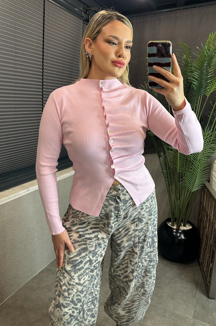 Pembe Büzgü Detaylı Triko Hırka