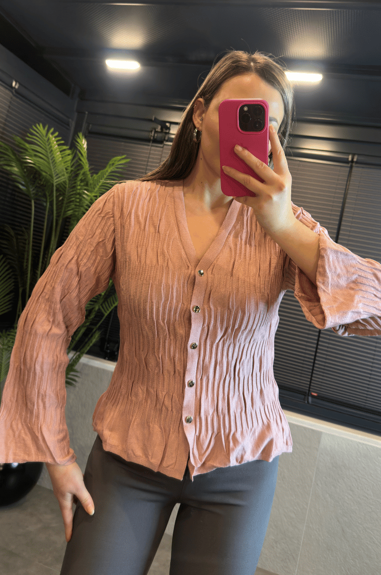 Pembe Dokulu Kumaş Volan Kollu Triko Hırka 