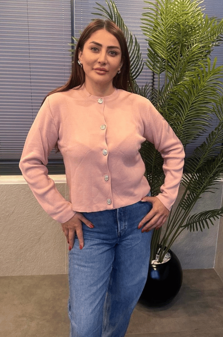 Pembe Gümüş Düğmeli Hırka
