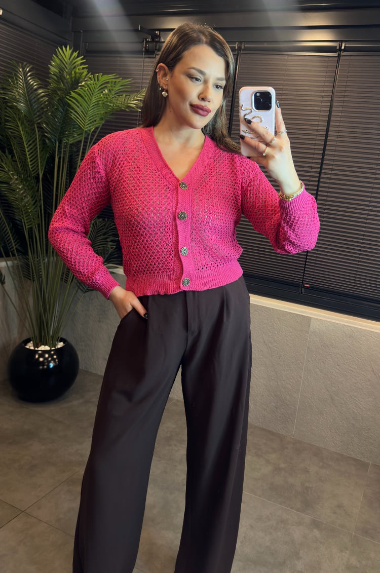 Pembe Mevsimlik Delikli Örgü Hırka