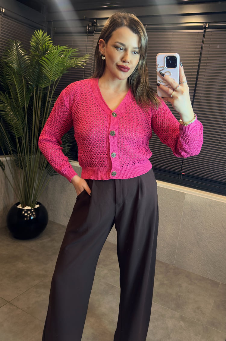 Pembe Mevsimlik Delikli Örgü Hırka