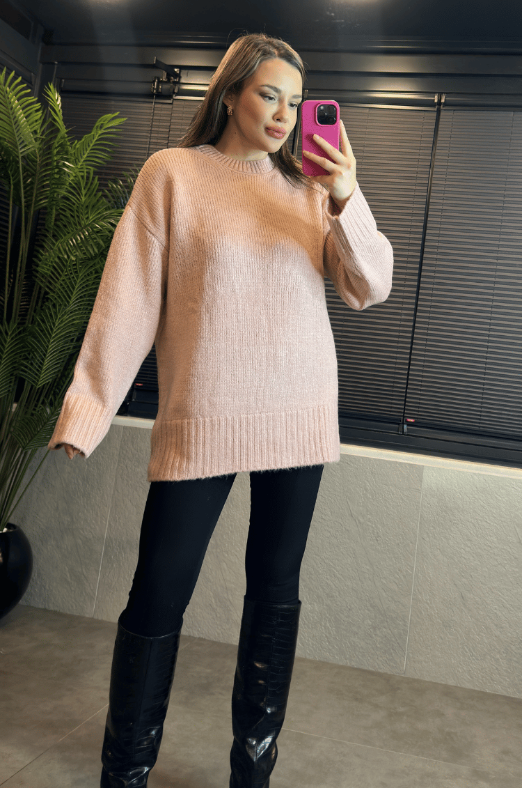 Pembe Oversize Bisiklet Yaka Yumoş Uzun Kazak