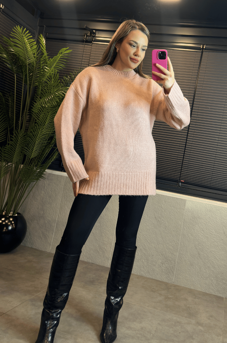Pembe Oversize Bisiklet Yaka Yumoş Uzun Kazak