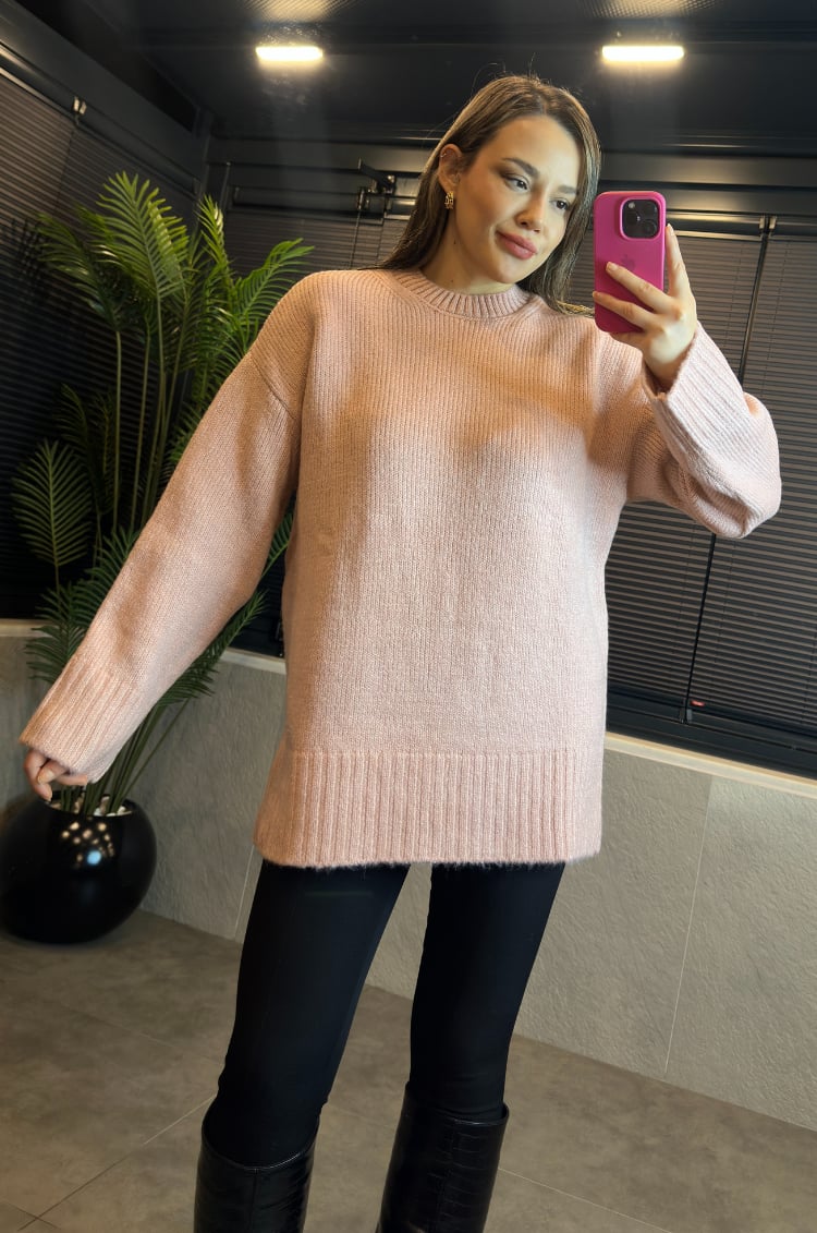 Pembe Oversize Bisiklet Yaka Yumoş Uzun Kazak