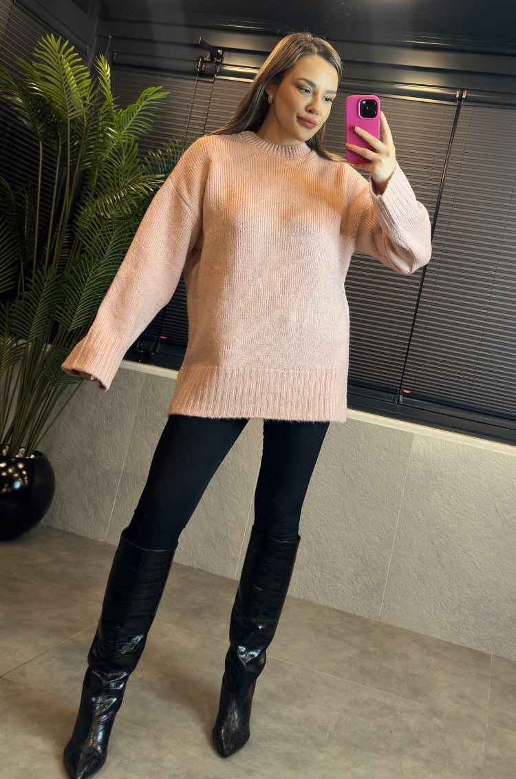 Pembe Oversize Bisiklet Yaka Yumoş Uzun Kazak