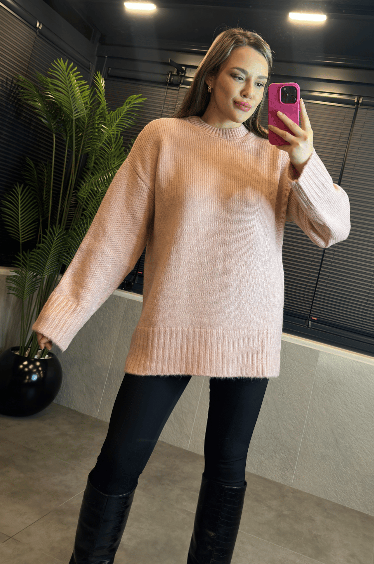 Pembe Oversize Bisiklet Yaka Yumoş Uzun Kazak