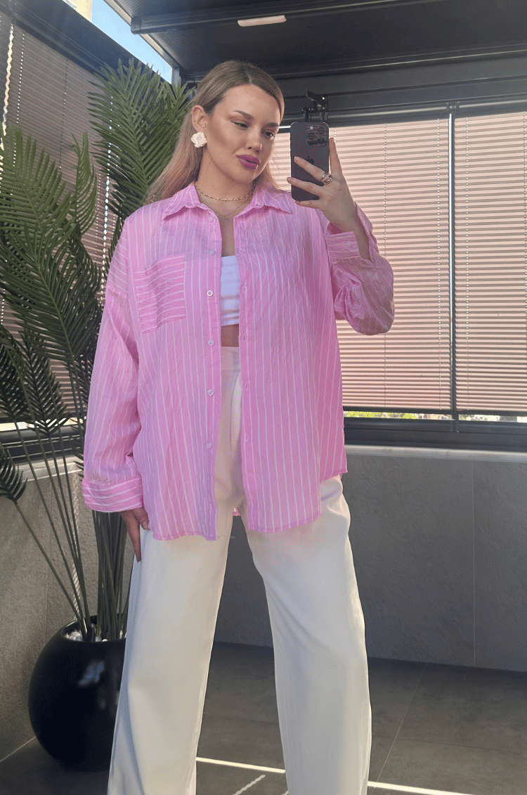 Pembe Tek Cepli Çizgili Oversize Modal Gömlek