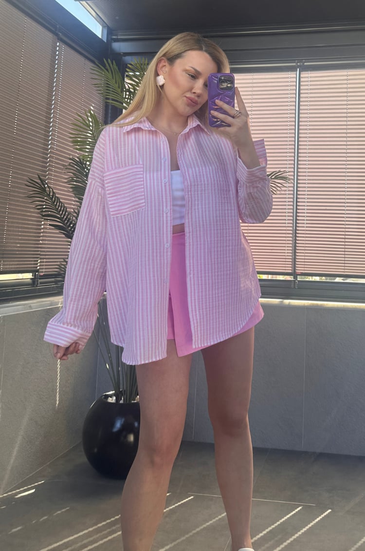 Pembe Tek Cepli Çizgili Oversize Modal Keten Gömlek