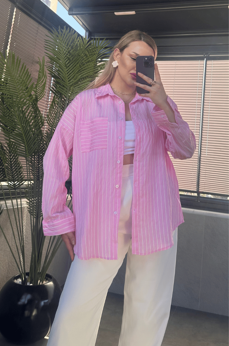 Pembe Tek Cepli Çizgili Oversize Modal Gömlek