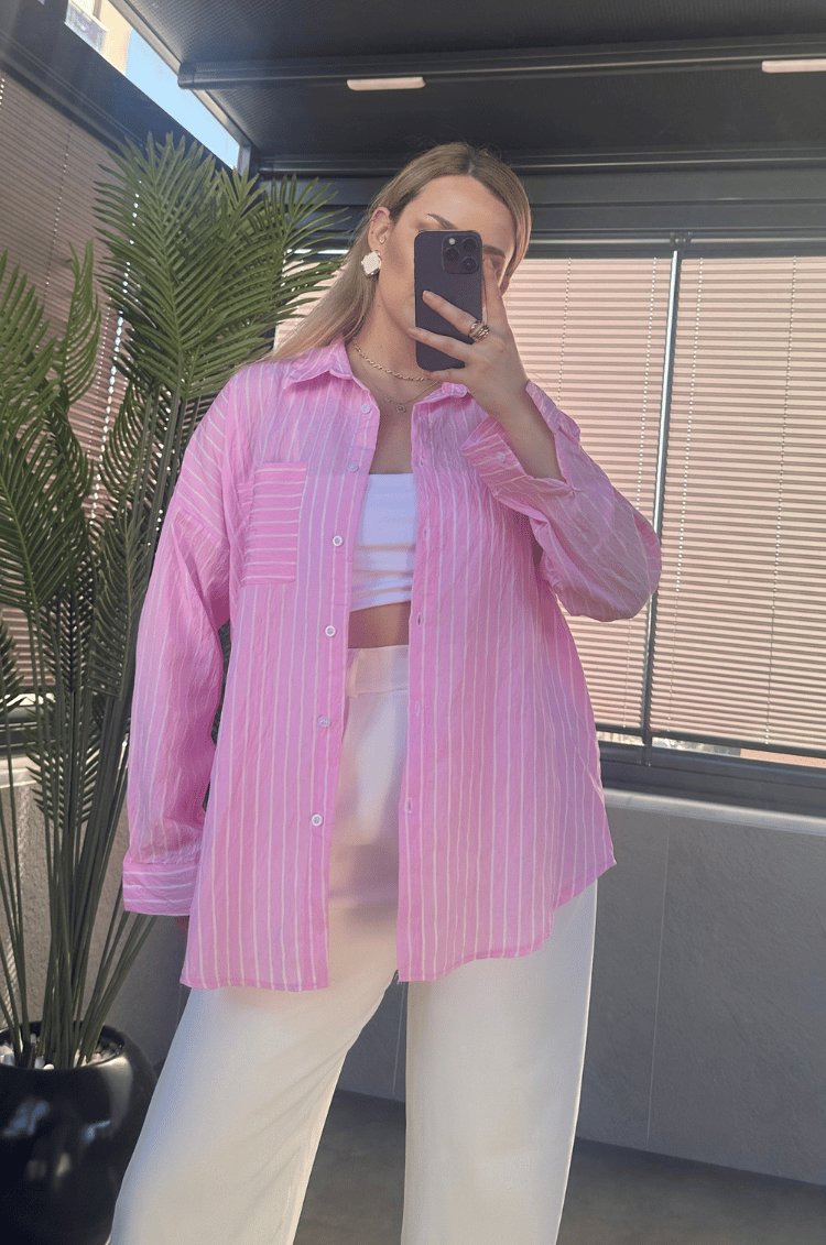Pembe Tek Cepli Çizgili Oversize Modal Gömlek