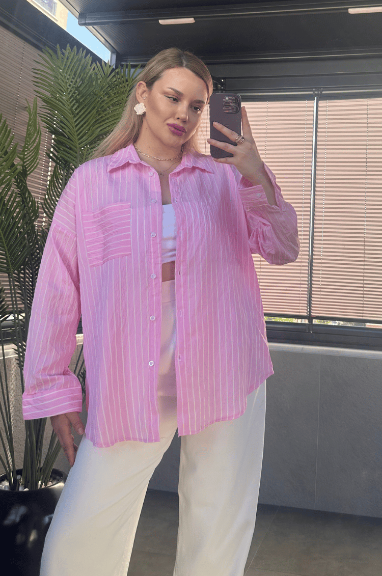 Pembe Tek Cepli Çizgili Oversize Modal Gömlek