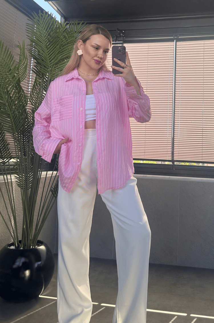 Pembe Tek Cepli Çizgili Oversize Modal Gömlek