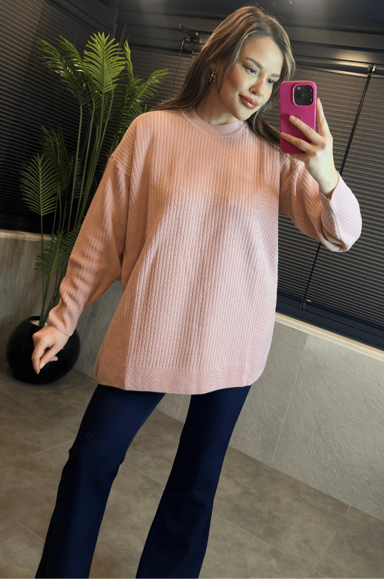 Pembe Yarı Boğazlı Fitilli Oversize Kazak 