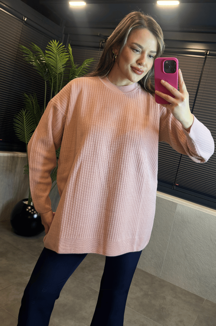 Pembe Yarı Boğazlı Fitilli Oversize Kazak 