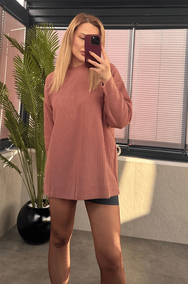 Pembe Yarı Boğazlı Fitilli Oversize Kazak