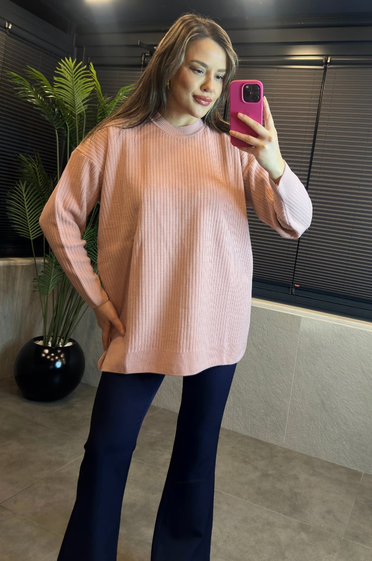 Pembe Yarı Boğazlı Fitilli Oversize Kazak 