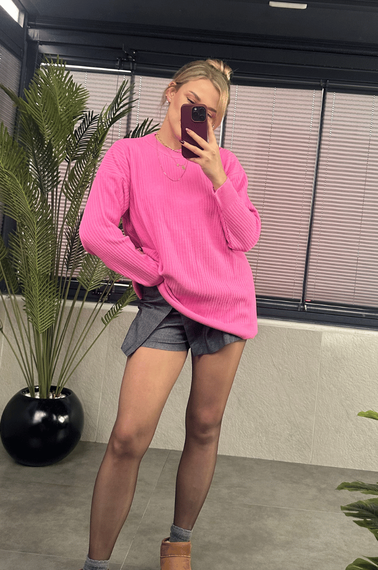 Pembe Yarı Boğazlı Fitilli Oversize Kazak