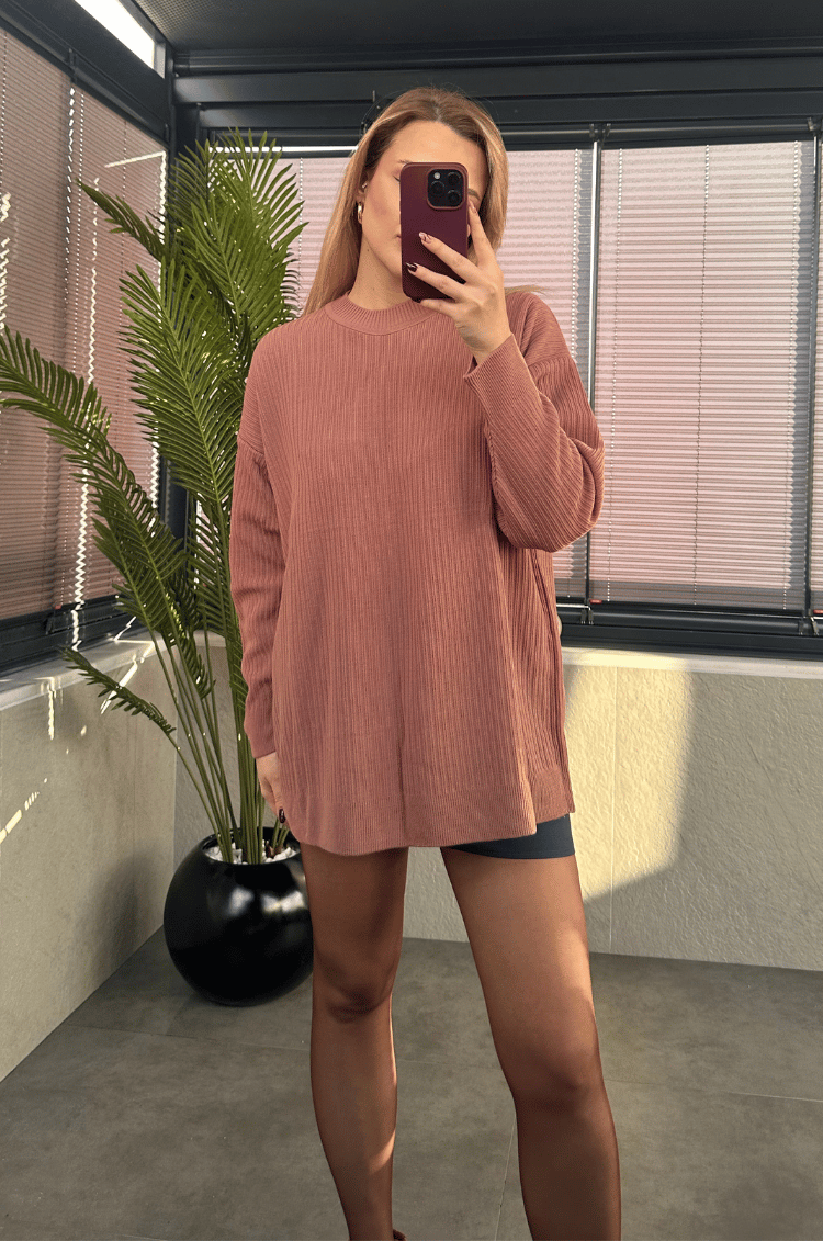 Pembe Yarı Boğazlı Fitilli Oversize Kazak