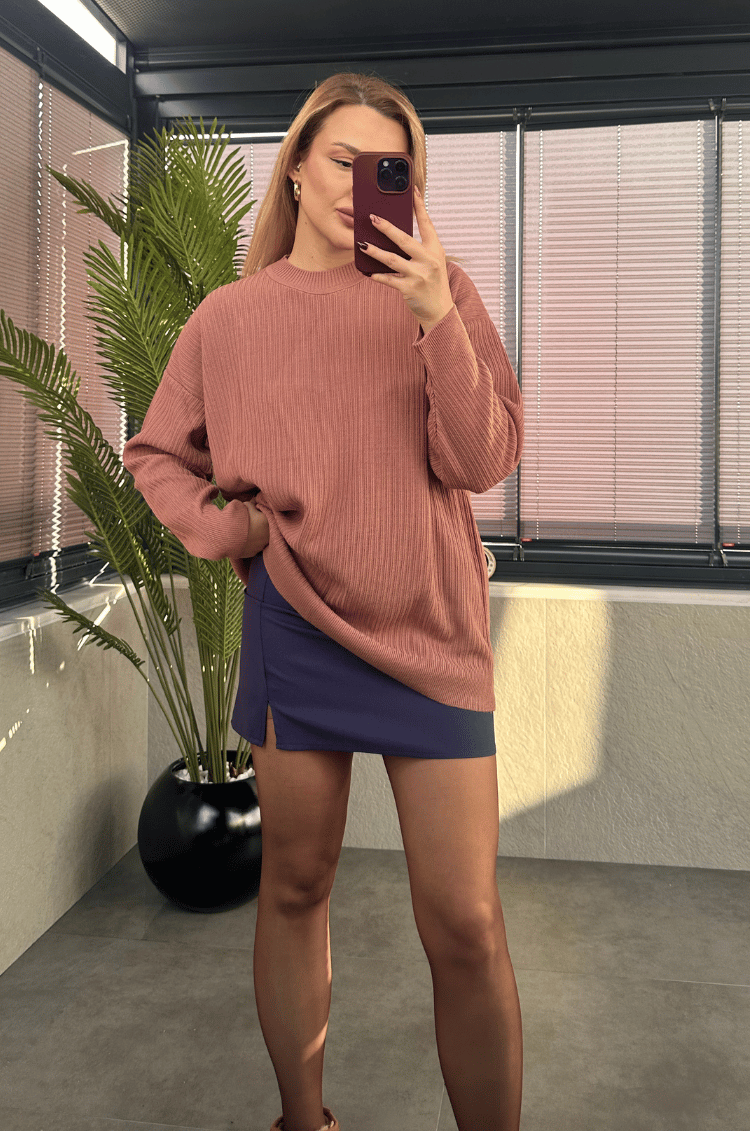 Pembe Yarı Boğazlı Fitilli Oversize Kazak