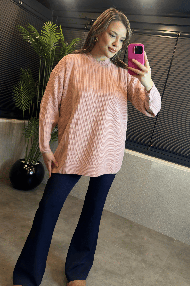 Pembe Yarı Boğazlı Fitilli Oversize Kazak 