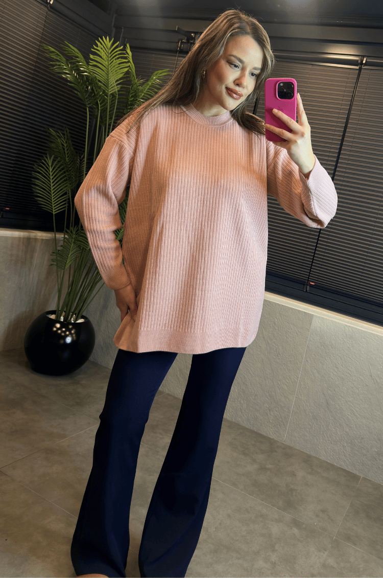 Pembe Yarı Boğazlı Fitilli Oversize Kazak 