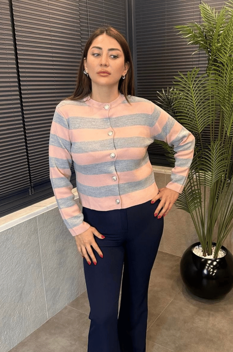 Pembe&Gri Çizgi Detaylı Hırka