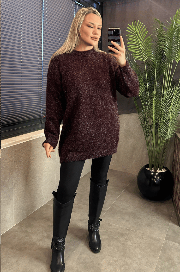 Premium Işıltı Bordo Oversize Sakallı Kazak